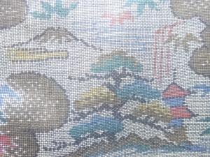 アンティーク　寺塔風景模様織り出し本場泥大島紬着物